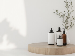 Minimalist Skincare Bottles and Natural Decor on Wooden Platform