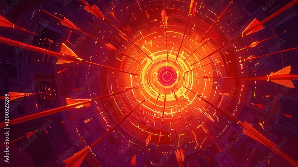 Poster vibrant circular design with arrows radiating inward, creating a dynamic visual effect.