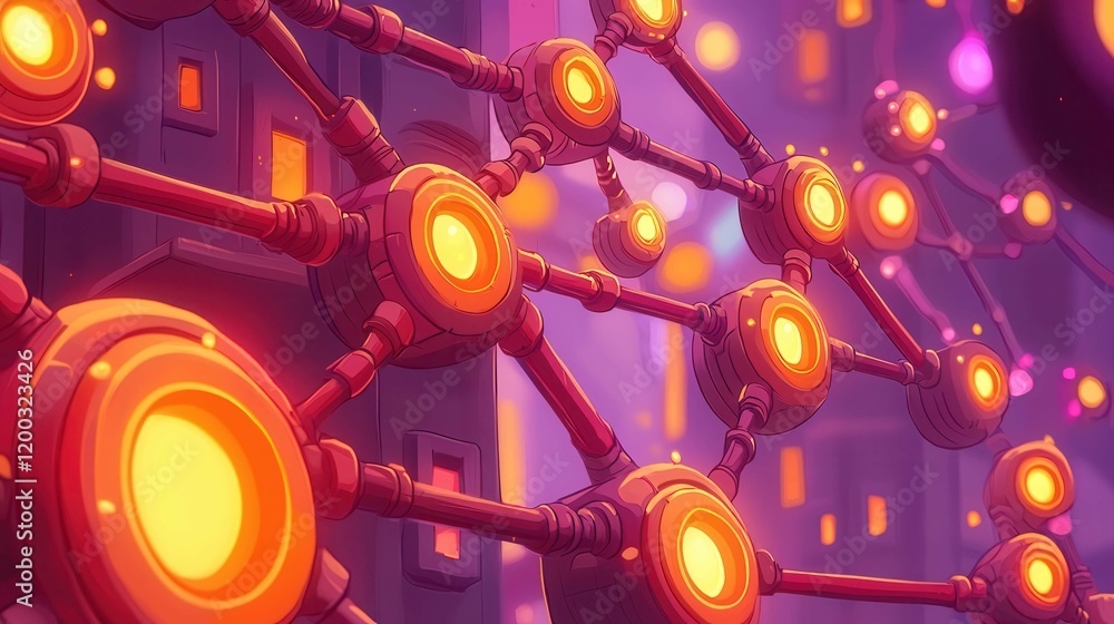 Poster abstract digital network design with glowing nodes and connections in a vibrant color scheme.