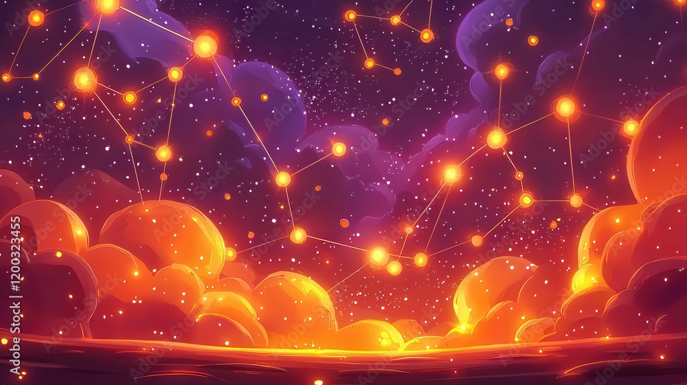 Poster a colorful cosmic scene with glowing stars and clouds, creating a beautiful celestial atmosphere.