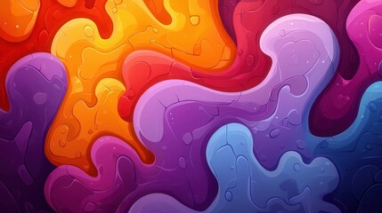 Colorful abstract design with wavy shapes in vibrant hues of orange, red, purple, and blue.