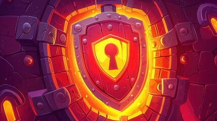 Obraz premium A vibrant cartoon shield design featuring a keyhole, set against a textured stone backdrop with warm colors.