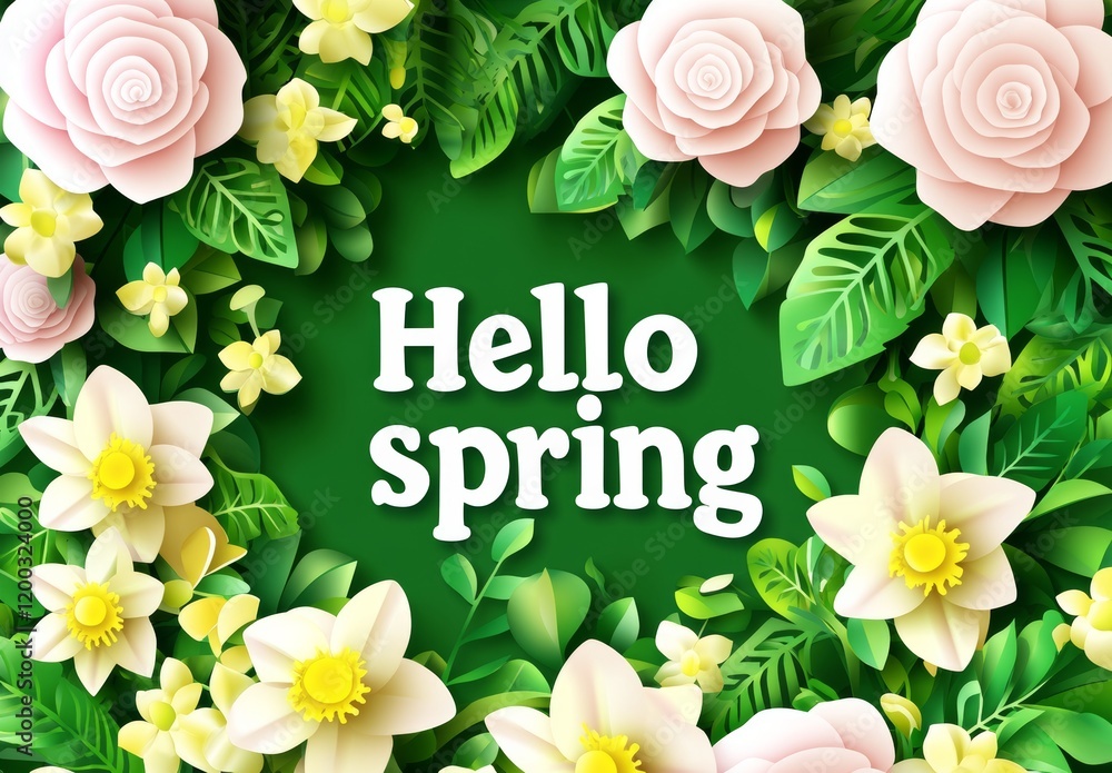 Poster colorful camellias and crocuses ring a white frame containing 