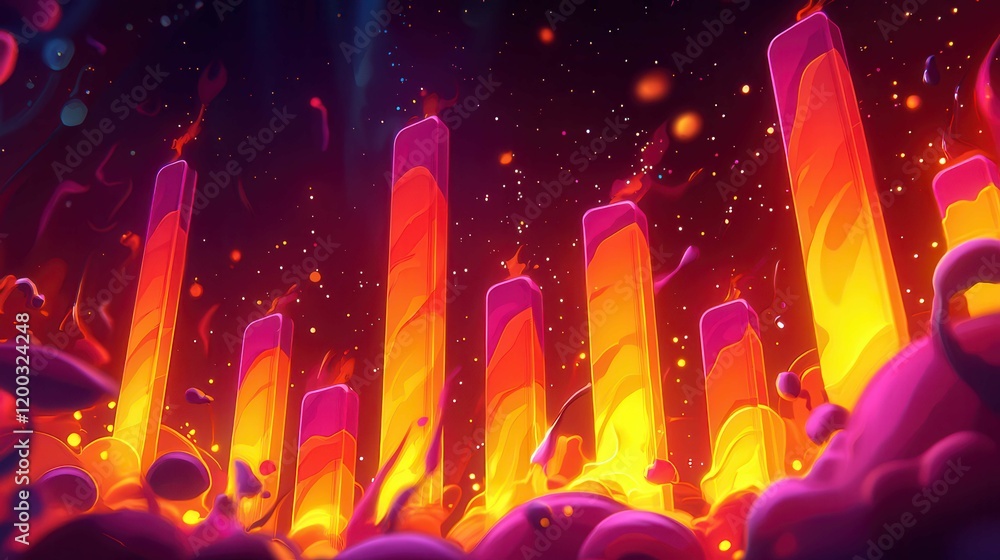 Poster abstract colorful pillars with glowing effects set against a dark starry background in a vibrant ani
