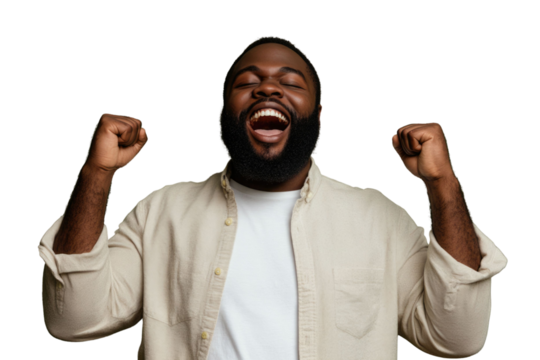 Portrait of delighted positive person closed eyes raise fists shout yeah isolated PNG


