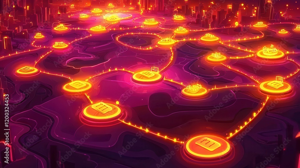 Poster a vibrant abstract representation of a digital network with glowing nodes and paths in a futuristic 