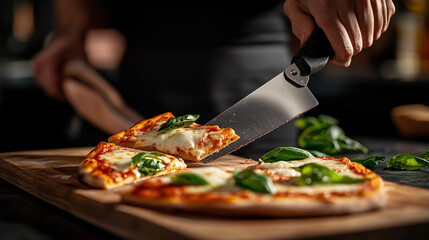 An artisanal margherita pizza being cut into slices, the rich texture of mozzarella and fresh basil beautifully highlighted, with a rustic wooden board in the heart of a bustling p