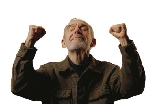Portrait of delighted positive person closed eyes raise fists shout yeah isolated PNG

