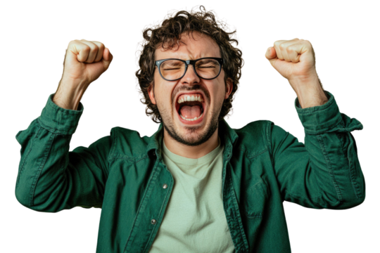 Portrait of delighted positive person closed eyes raise fists shout yeah isolated PNG

