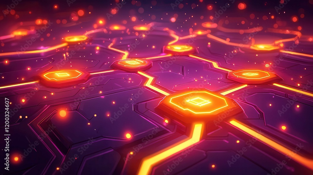 Poster futuristic technology background with glowing hexagonal patterns in vibrant colors.