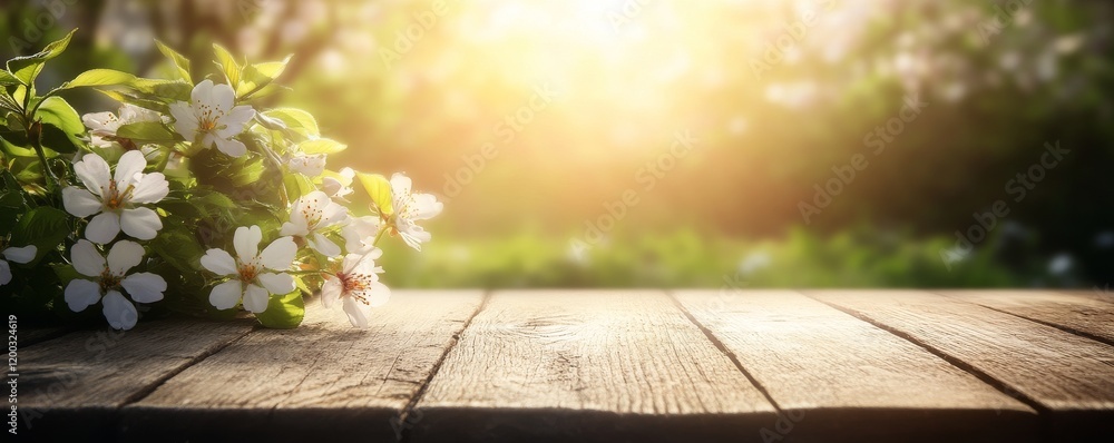 Poster a clear wooden table top set against a slightly blurred image of a sakura tree in the garden, given 