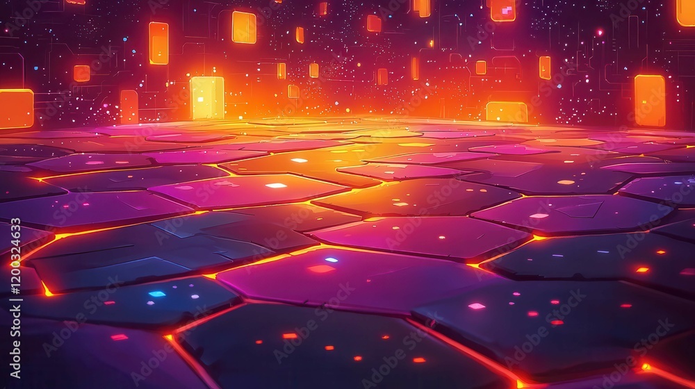 Poster futuristic abstract background featuring glowing hexagonal tiles with bright colors and light effect