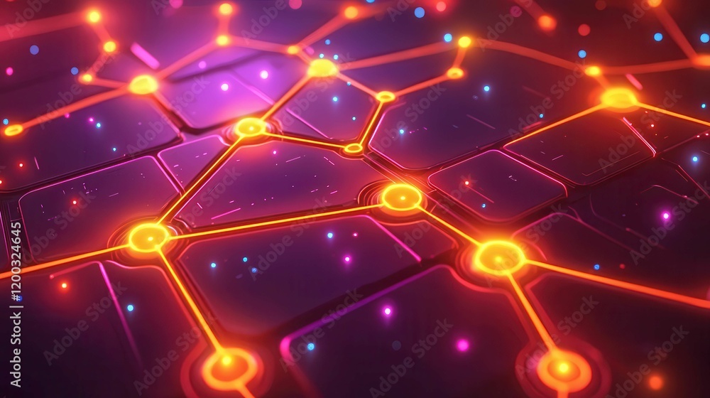 Poster abstract digital network design with glowing nodes and connections in vibrant colors.