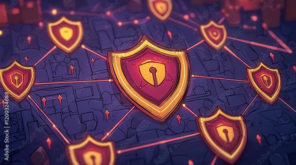 Poster illustration of security shields connected in a network, symbolizing cybersecurity concepts in a col