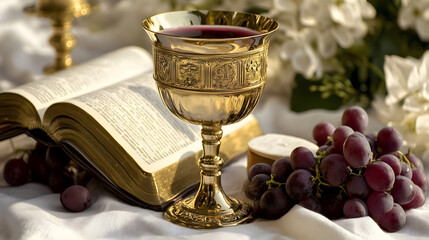 Holy Communion Composition. Golden chalice with grapes, open Bible, and white flowers on a light blurred background. Copy space.