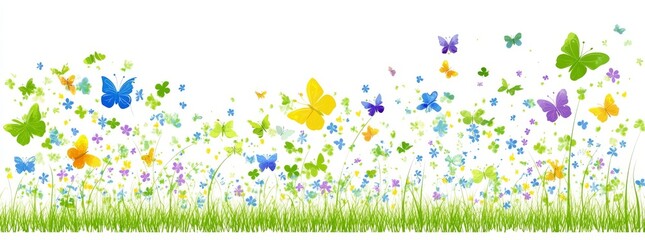 A stunning panorama of a floral background with vibrant leaves, colorful flowers, caterpillars, and butterflies. Suitable for a bright spring and summer banner for social network covers, invitations