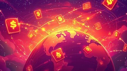 A vibrant illustration of the Earth surrounded by money symbols, symbolizing global finance and economy.