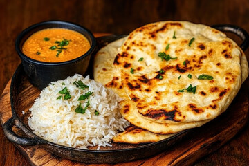 Food chalkboard style, Delicious Indian meal featuring naan bread, aromatic rice, and flavorful curry served in a black bowl on a wooden platter.