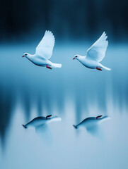 Fototapeta premium Fliegende Tauben spiegeln sich im ruhigen Wasser