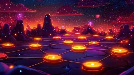 A vibrant fantasy landscape with glowing paths and a starry sky at dusk.