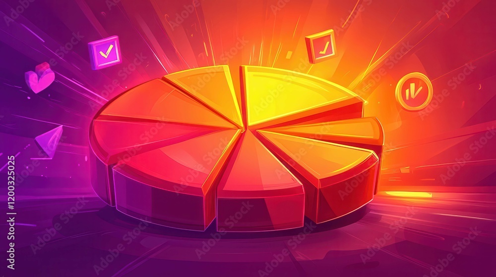 Poster a vibrant digital pie chart representing data visualization with engaging colors and symbols.