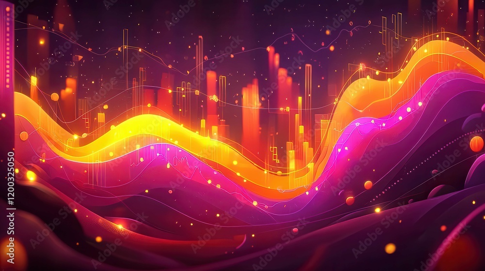 Poster a vibrant abstract digital artwork showcasing colorful waves and data visualizations with a cosmic b