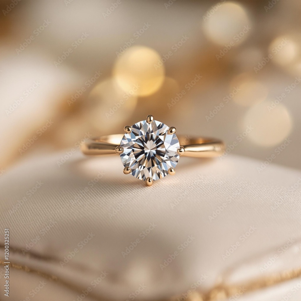 Aufkleber a macro view of a sparkling diamond ring resting on a silk cushion, surrounded by soft, blurred gold