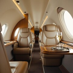 Fototapeta premium interior of a private airplane with two rows of leather seats, a table with a glass of water, and a window letting in natural light.