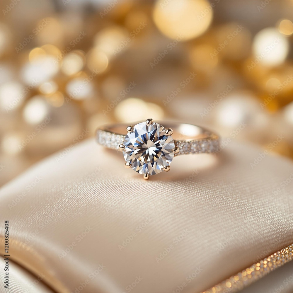 Aufkleber a macro view of a sparkling diamond ring resting on a silk cushion, surrounded by soft, blurred gold