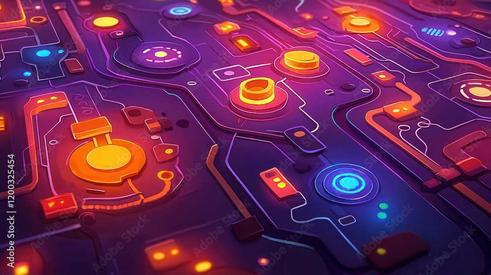 Poster a colorful digital circuit board with glowing elements and a modern design, representing technology.