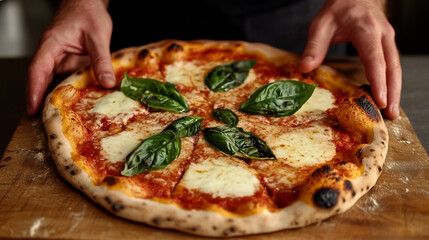 A freshly baked pizza on a rustic wooden board, surrounded by hands reaching in for slices, with the fresh basil and melted cheese adding vibrant color and texture