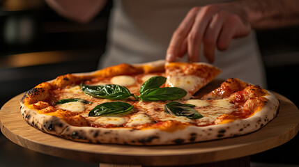 A warm and inviting moment of a freshly baked pizza on a wooden platter, with hands reaching in to grab slices topped with vibrant basil leaves and melted cheese