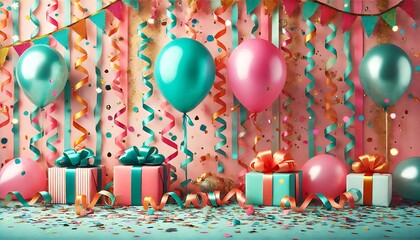 Party themed background with confetti filled backdrop and balloons in vibrant pink, teal, and orange tied with ribbons. Generative AI
