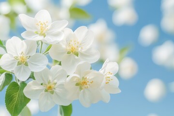Fototapeta premium Close-up of apple trees bursting with blooms, with a blue background and selective focus, in a spring garden
