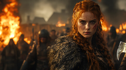 Fierce redhead warrior woman amidst burning village battle.