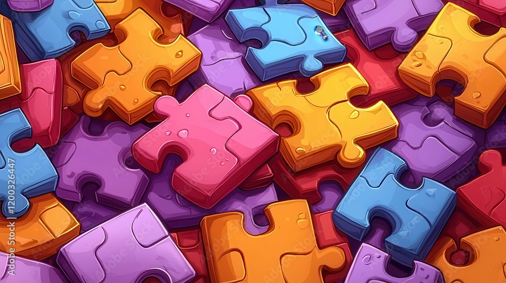 Poster a colorful array of cartoon puzzle pieces in different shapes, highlighting a playful and engaging t