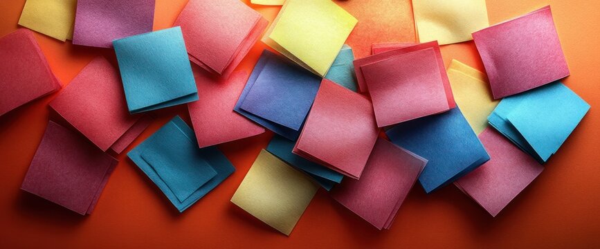 Colorful notes scattered on orange surface; brainstorming; ideas; project planning