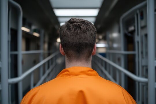 A young inmate is seen from behind, walking towards the exit of a prison corridor, representing hope, anticipation, and the desire for freedom and new beginnings.
