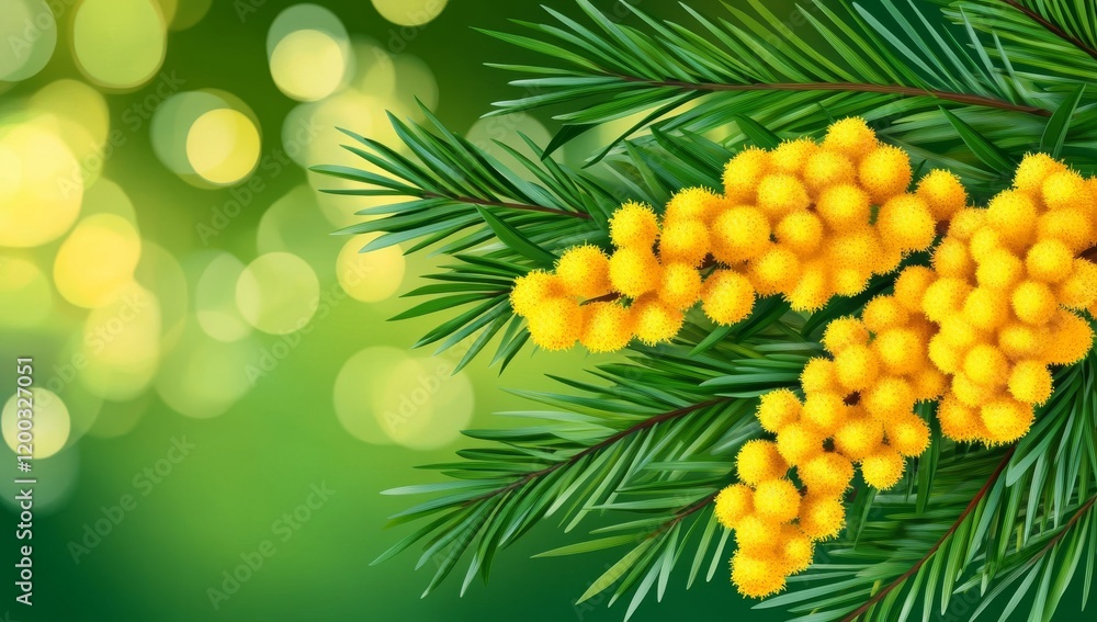Poster in a spring setting, modern mimosa flowers are captured in a bokeh effect with a green background