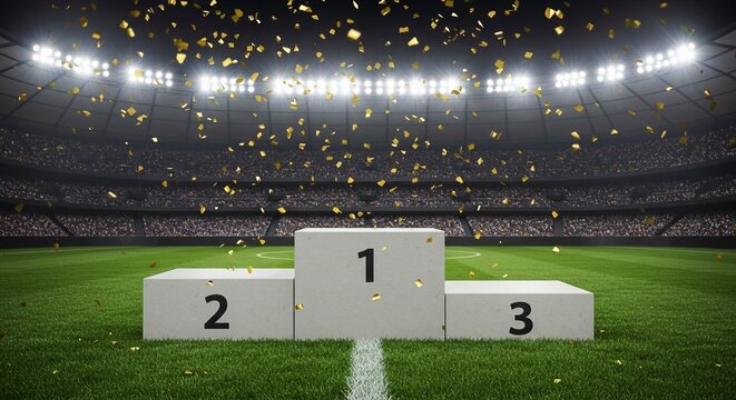 soccer podium on grass inside the stadium winner stand
