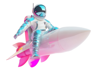 Isolated Astronaut Riding Pink Rocket