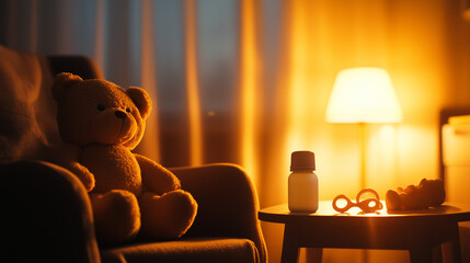 A tranquil setting with a baby bottle and two pacifiers on a small table, the cozy nursery featuring plush toys, a soft armchair, and a glowing lamp nearby