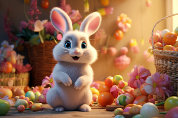 Cute bunny surrounded by colorful easter eggs and spring flowers. Easter card with rabbit and eggs. Promotion and shopping template for spring holidays