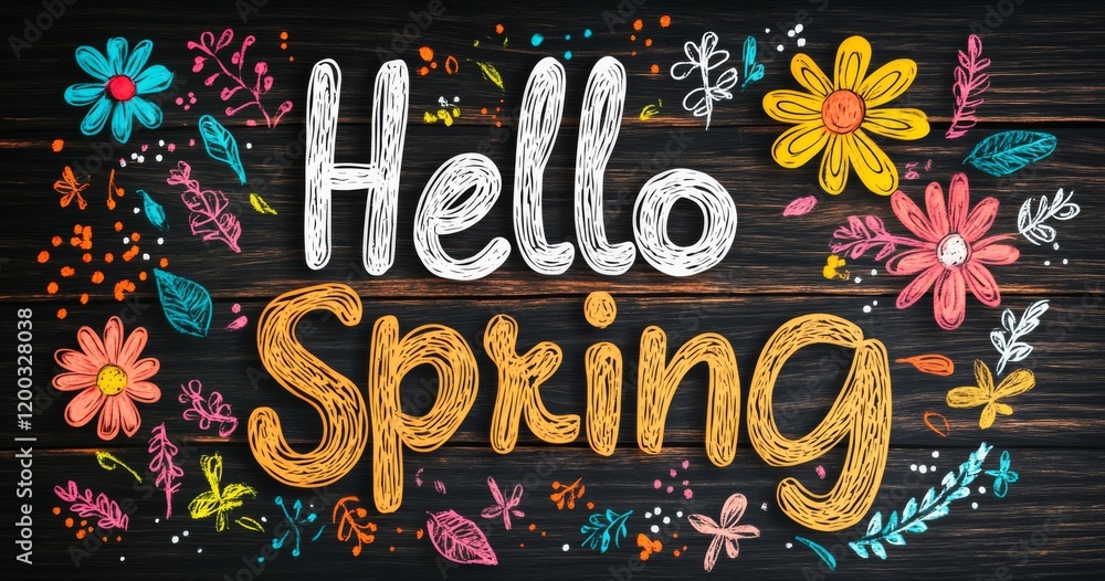 Poster a contemporary design showcasing the arrival of spring through the text 