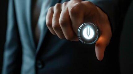 A man in a suit is pressing a button with a rocket on it. Concept of progress and innovation, as the rocket represents a new idea or technology