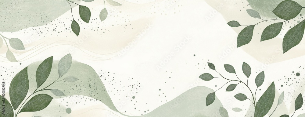 Poster modern line art background with abstract shapes and botanical elements in soft pastel green, white, 