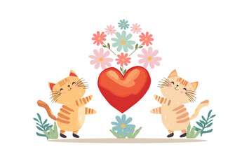 Cartoon cute cats with big heart in paws, and pastel flowers vector, in flat style,isolated on transparent background,romantic illustration, valentine's day concept

