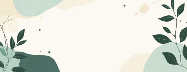 banner design with a pastel green and white color scheme, featuring hand-drawn leaves on the left side of an abstract background with soft geometric shapes in light gray Generative AI