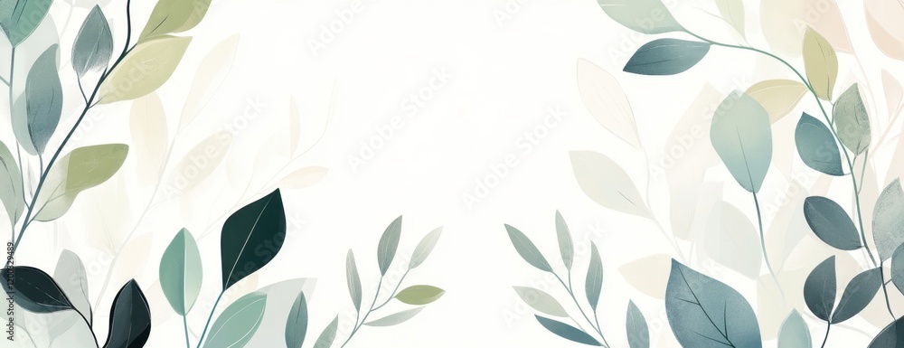 Poster minimalist abstract background with botanical elements, soft green and gray color palette leaves on 