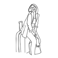 Vector illustration of the stylish woman in sunglasses, smiling as she sits on her suitcase while holding a handbag. Her confident posture and modern outfit reflect a trendy traveler 